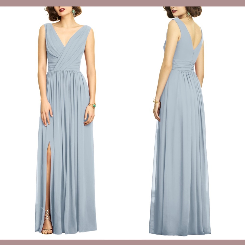 NEW $273 Dessy Collection [ 2 ] Surplice Ruched Chiffon Gown in Misty Blue‎